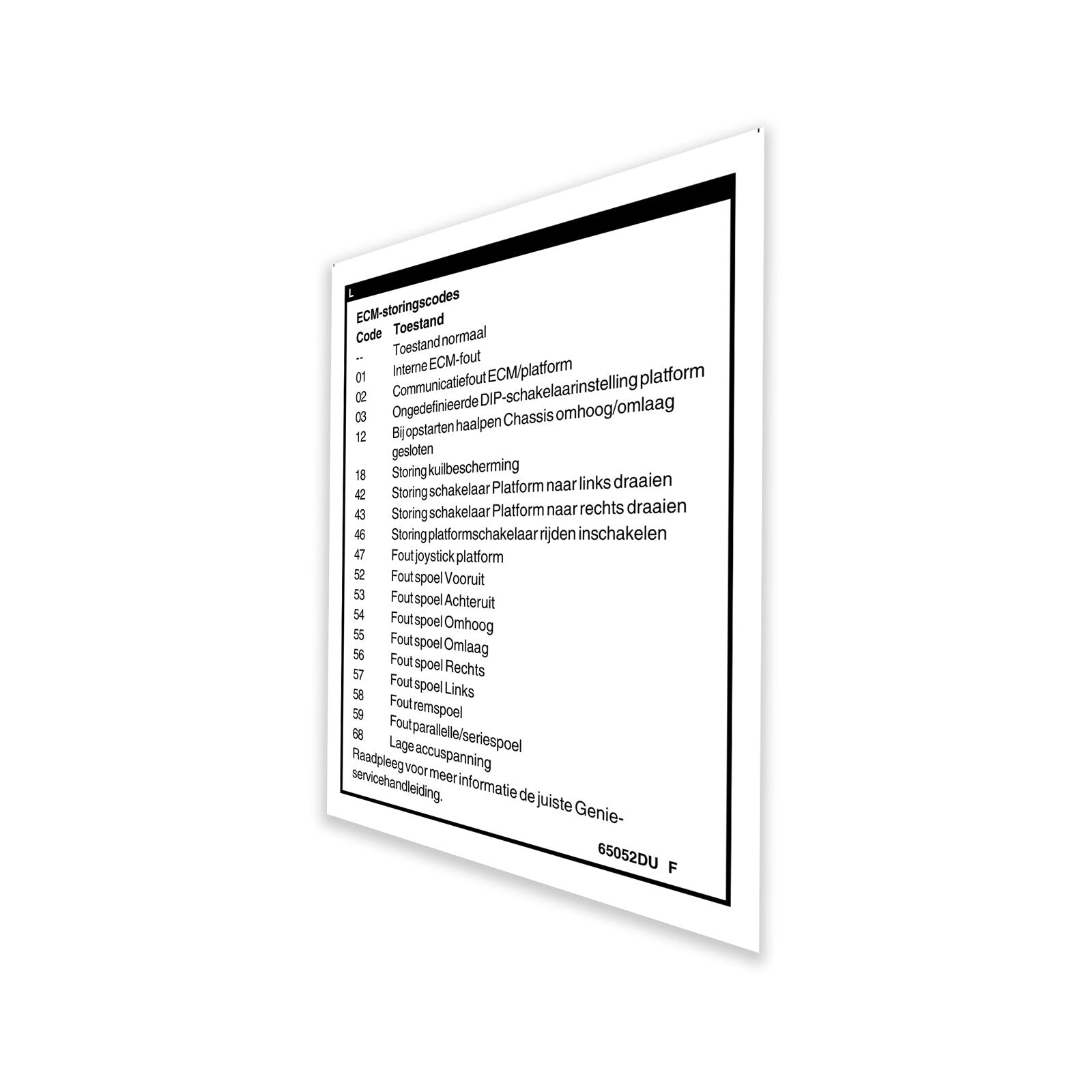 Genie Part # 65052DUGT – Decal, Label, Fault Codes