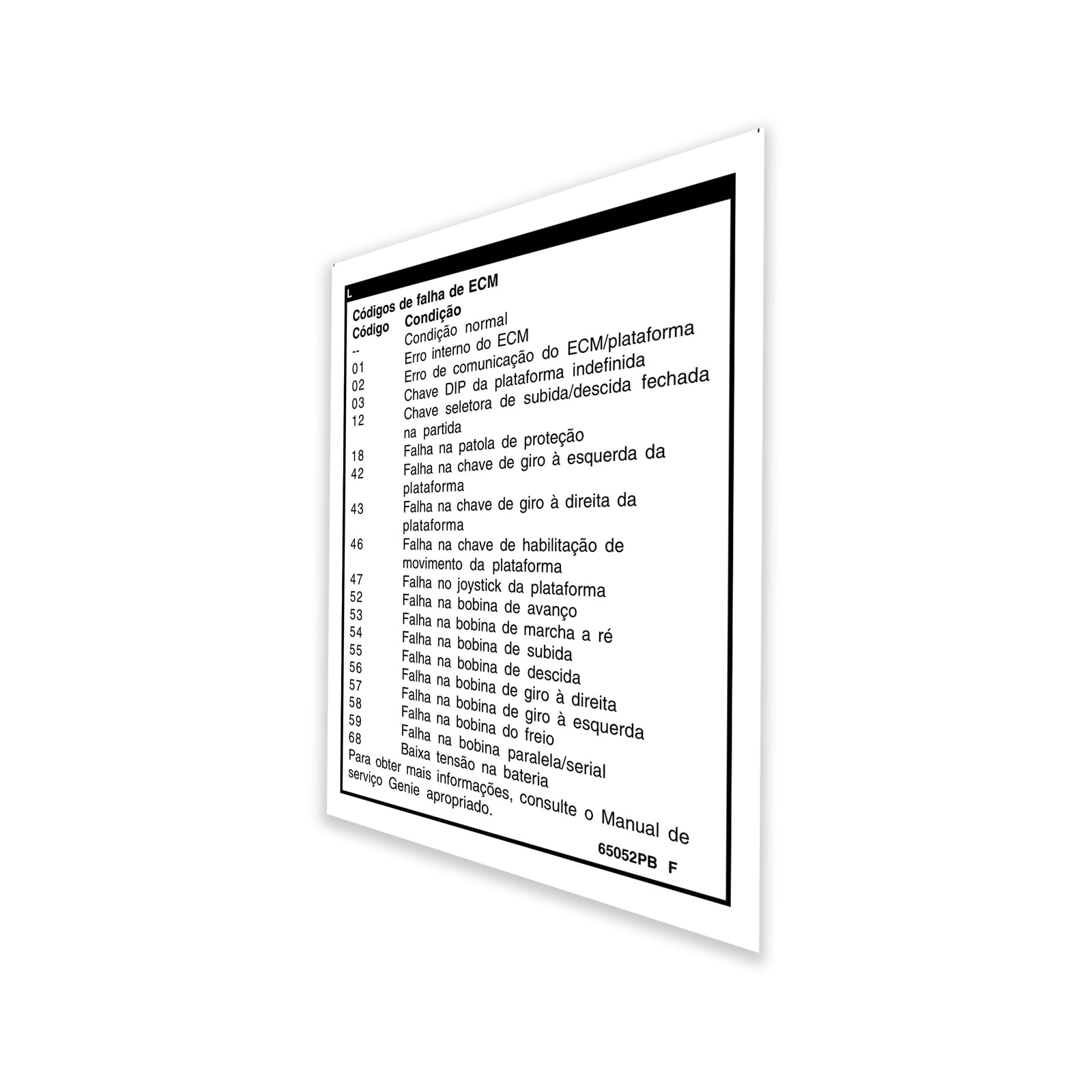 Genie Part # 65052PBGT – Decal, Label, Fault Codes