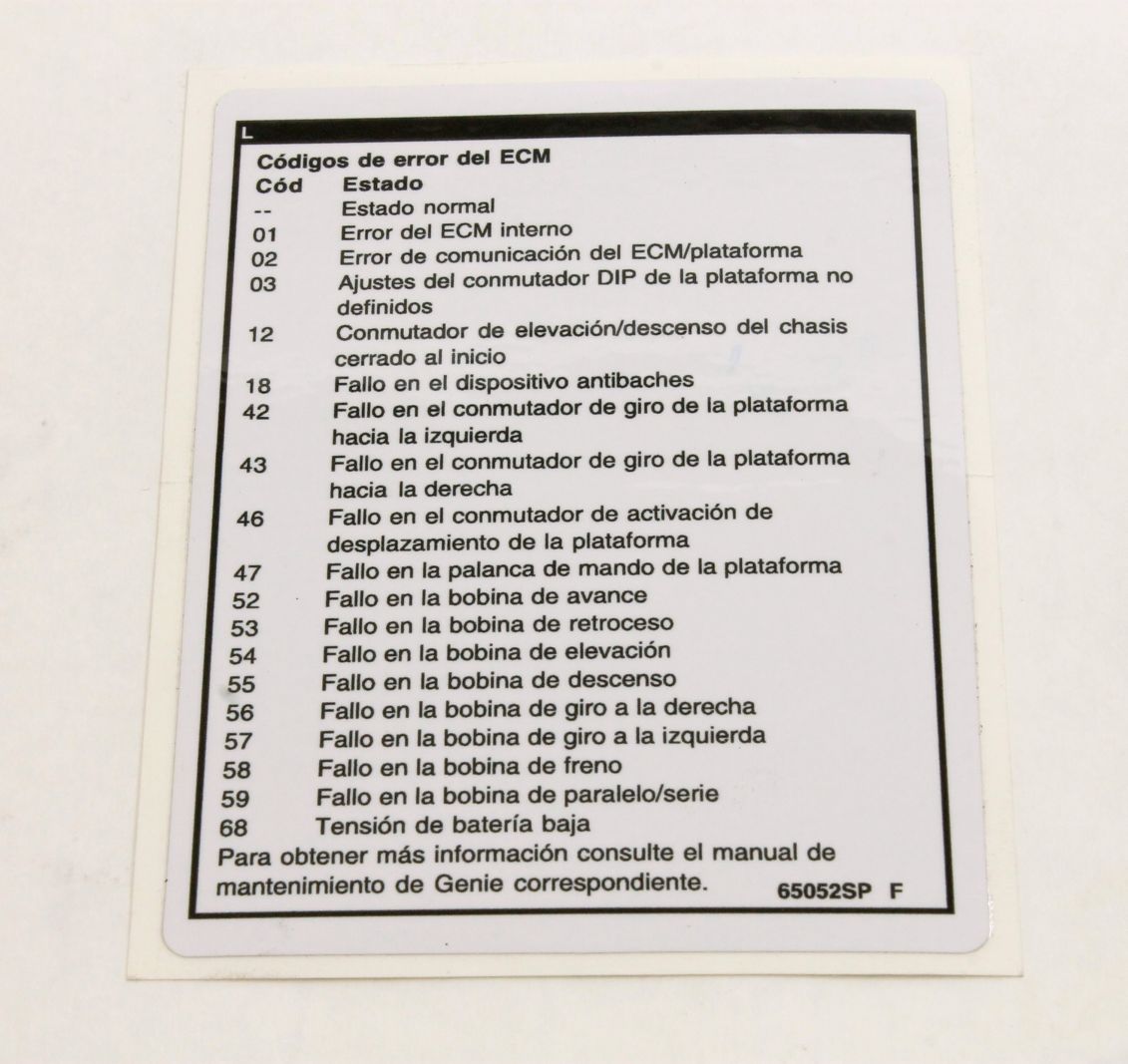 Genie Part # 65052SPGT – Decal, Label, Fault Codes