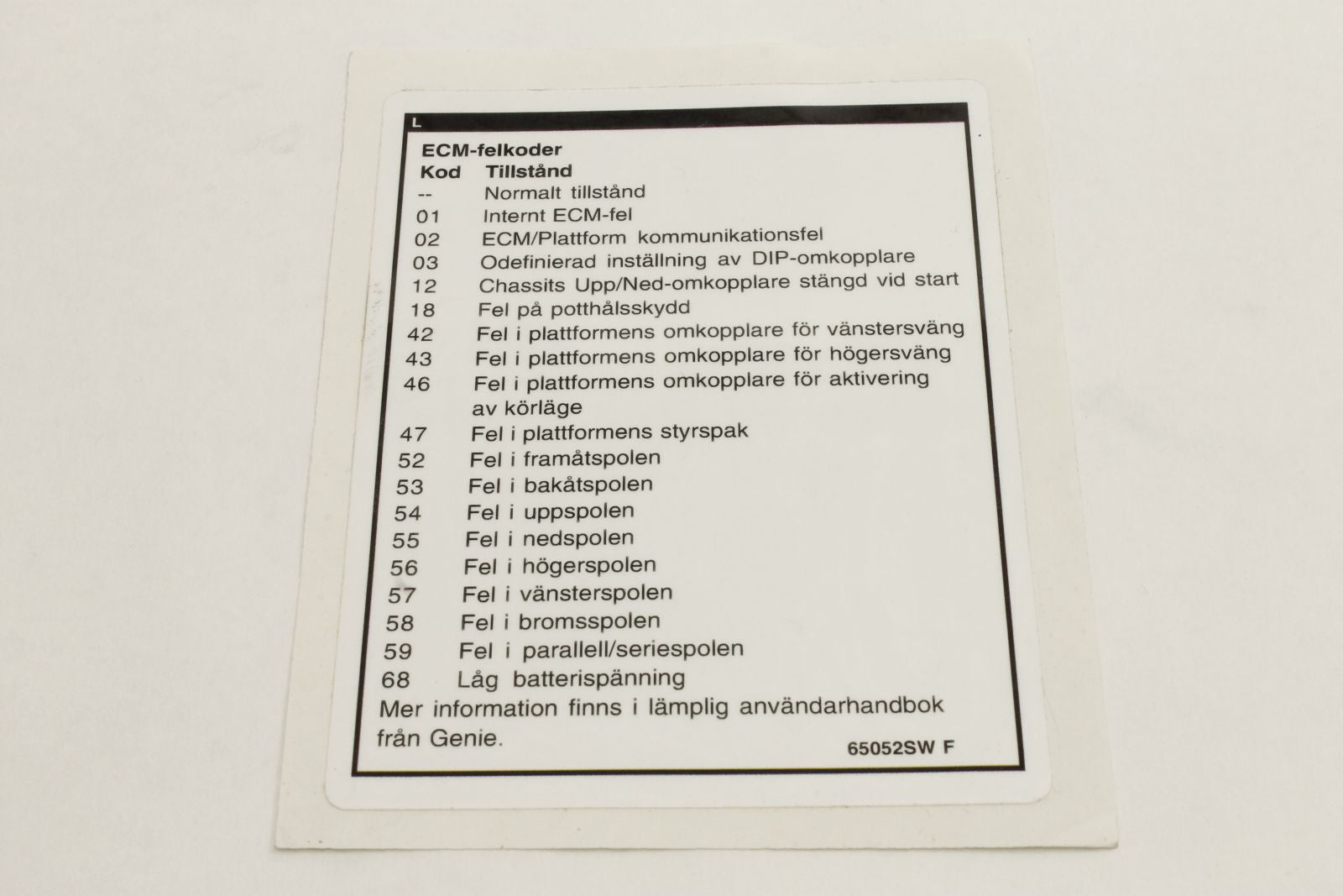Genie Part # 65052SWGT – Decal, Label, Fault Codes