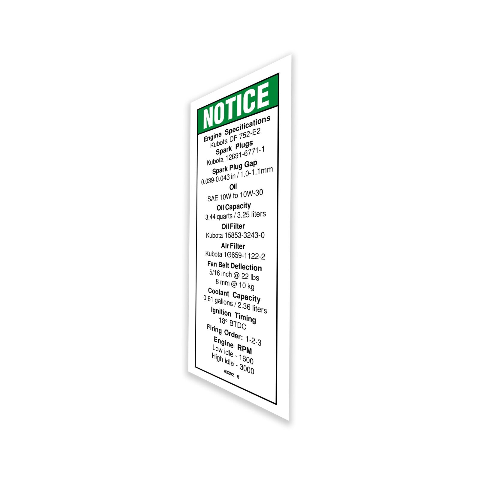 Genie Part # 82292GT – Decal, Notice, Kubota Gas Specs