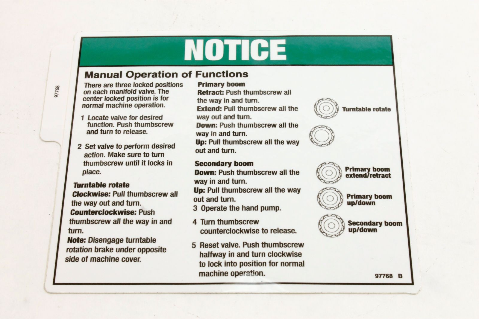 Genie Part # 97768GT – Manual Valves Decal Label