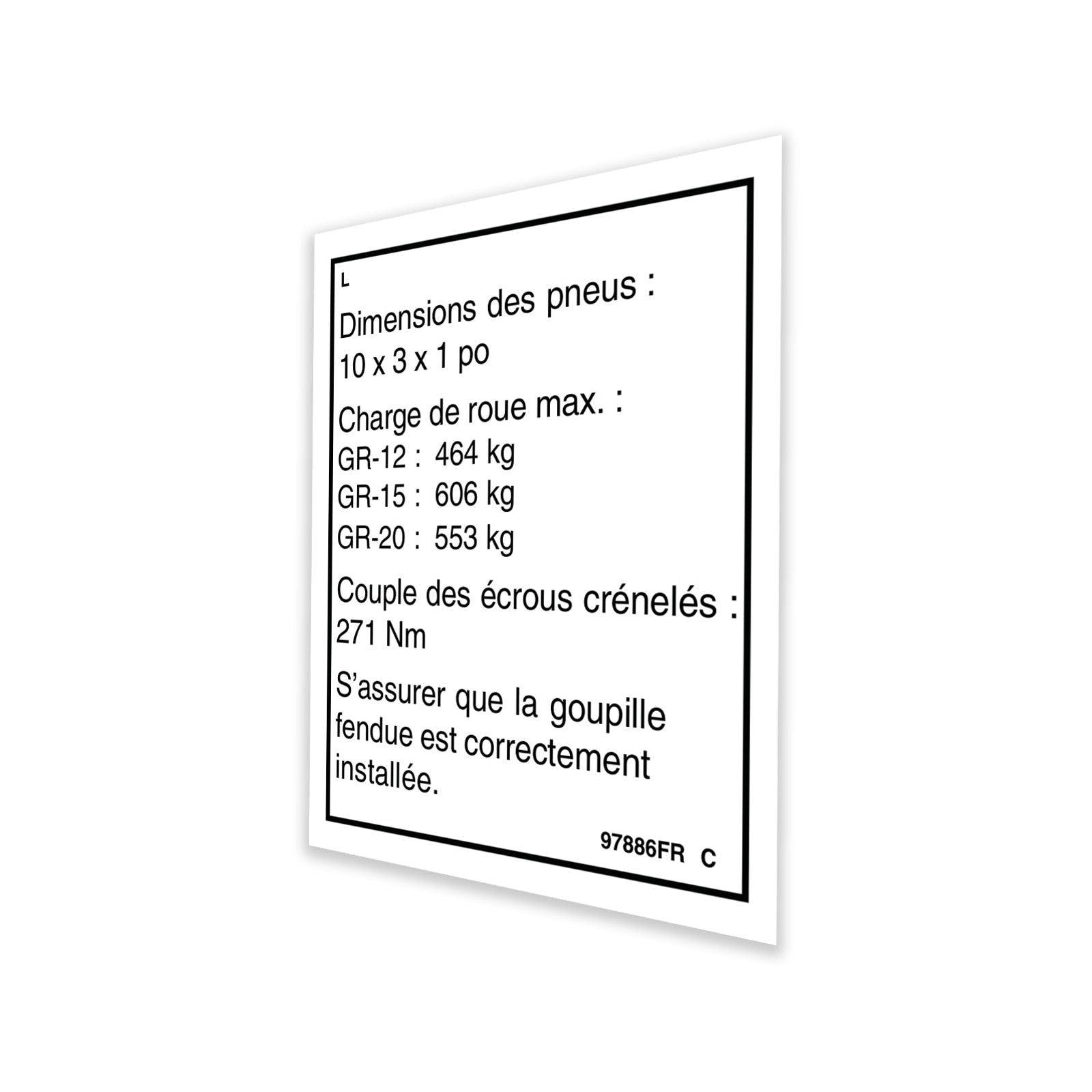 Genie Part # 97886FRGT – Tire Specs Decal