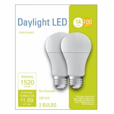 LED Daylight White Light Bulb, 1,520 Lumens, 14 Watt, A19, 2-Pk.