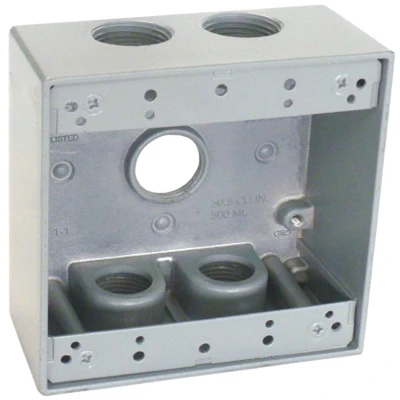 2 Gang Outlet Box, Gray, Weatherproof, Five 0.75 In. Holes