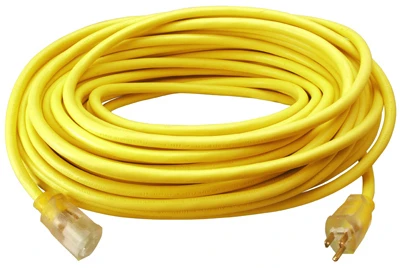 Extension Cord, 12/3 SJTW-A, Yellow Round Vinyl, Lighted End, 100 Ft.