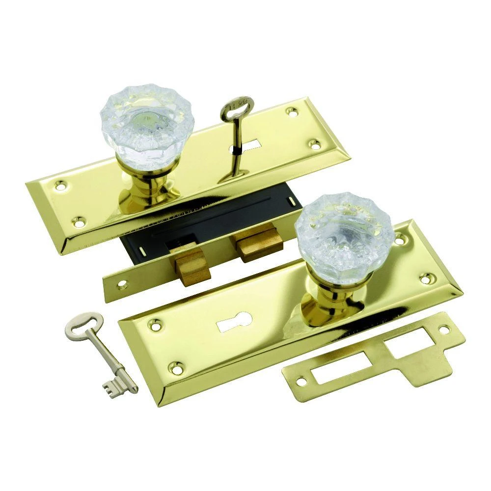 Door Knob & Mortise Lock Combo, Brass-Plated Steel & Glass Knobs