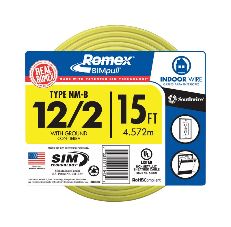 Non-Metallic Romex Sheathed Electrical Cable With Ground, 12/2, 15 Ft.