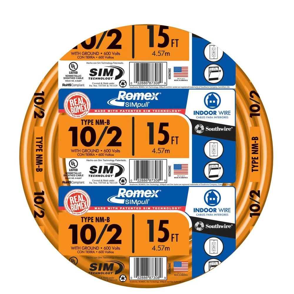 Non-Metallic Romex Sheathed Electrical Cable With Ground, 10/2, 15 Ft.