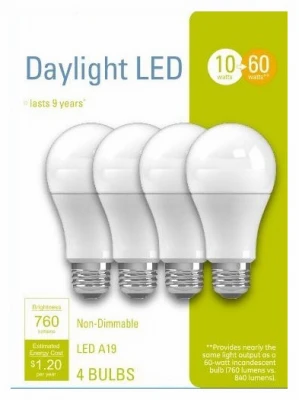 LED Light Bulbs, A19, Daylight, 760 Lumens, 10 Watt, 4-Pk.