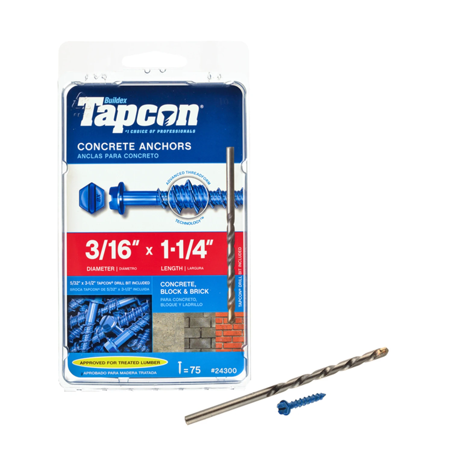 Hex-Washer Head Concrete Anchors, 3/16 x 1-1/4 In., 75-Ct.
