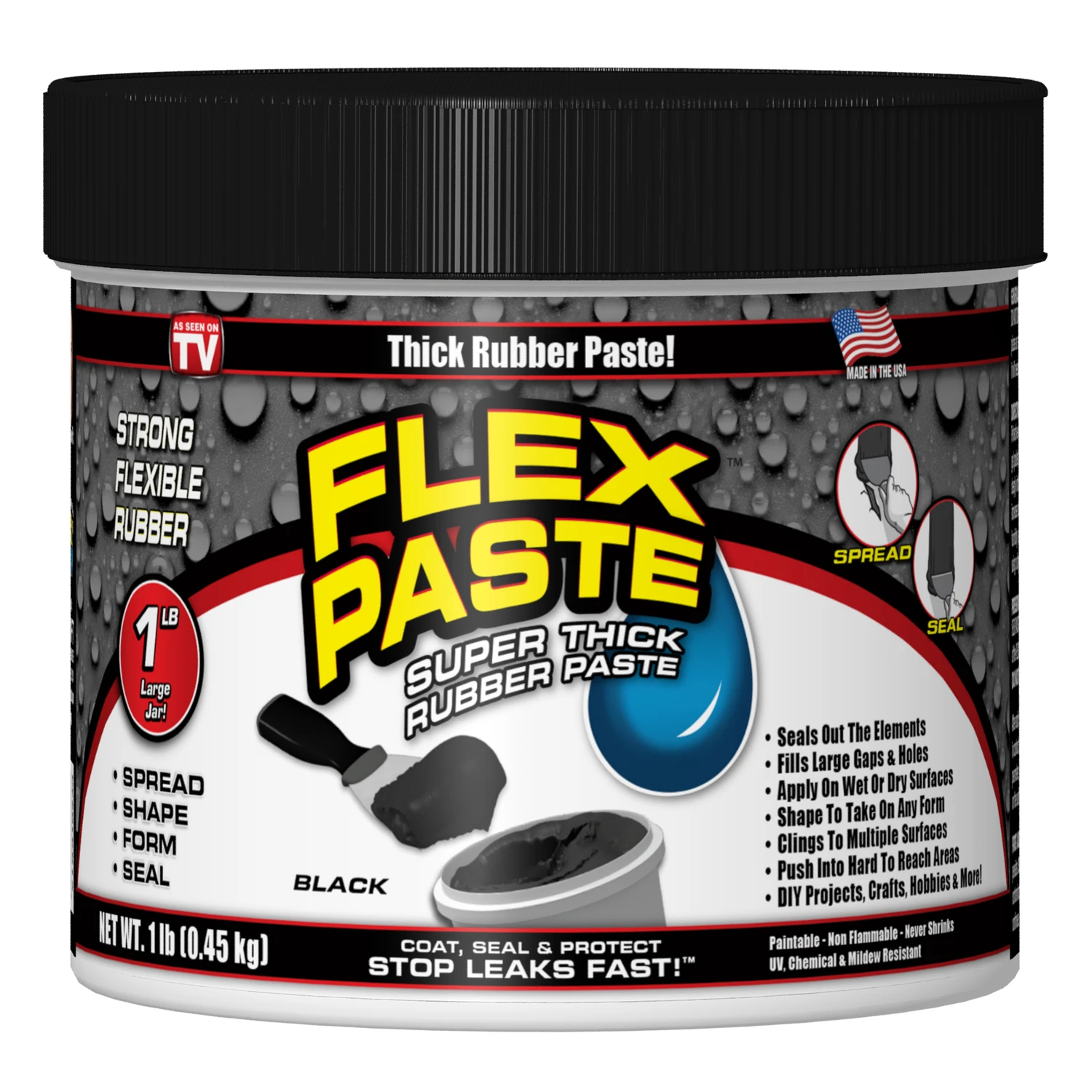 FLEX PASTE Super Thick Waterproof Rubberized Paste, Black, 1-Lb. Tub