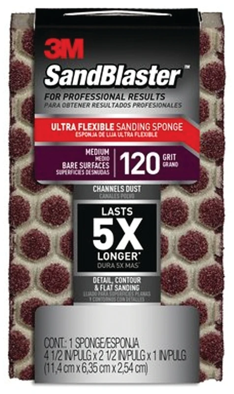 Sandblaster Sanding Sponge, Flexible, Medium 120-Grit, 4.5 x 2.5 x 1 In.