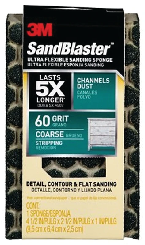 Sandblaster Sanding Sponge, Flexible, Coarse 60-Grit, 4.5 x 2.5 x 1 In.