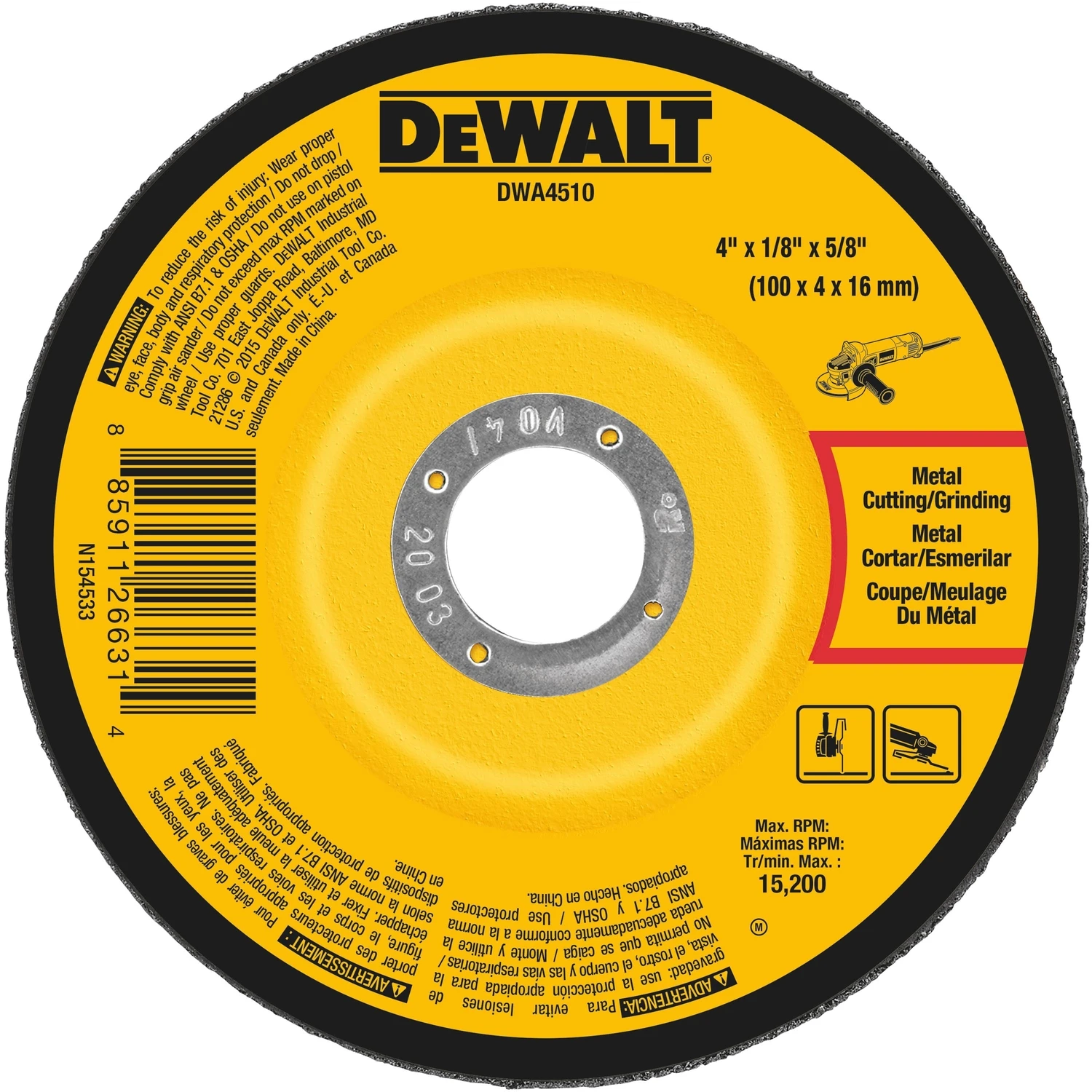 Metal Grinding Wheel, 4-1/2 x 1/8 x 7/8 In.