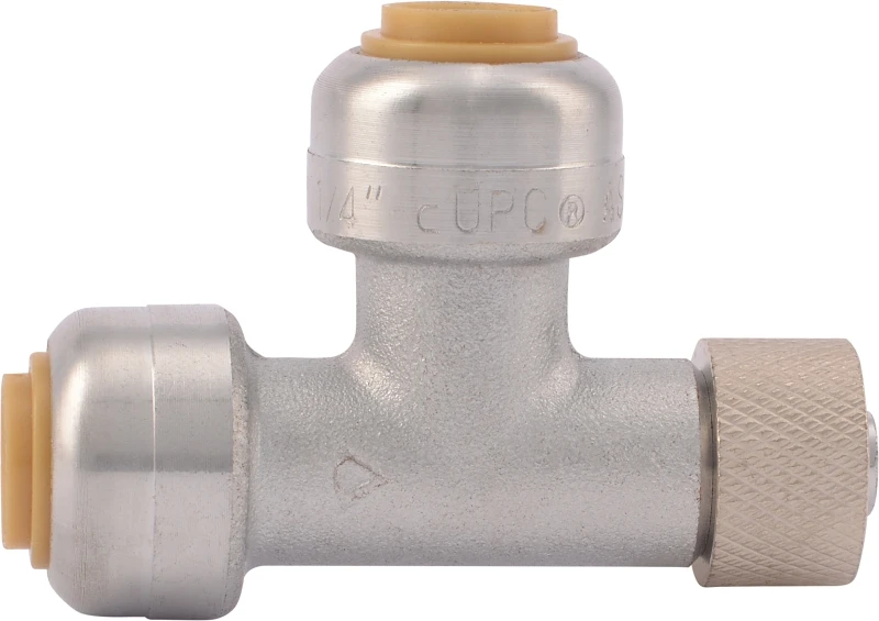 Push-Fit Stop Valve Pipe Tee Adapter, 1/4 x 1/4 x 3/8 In.
