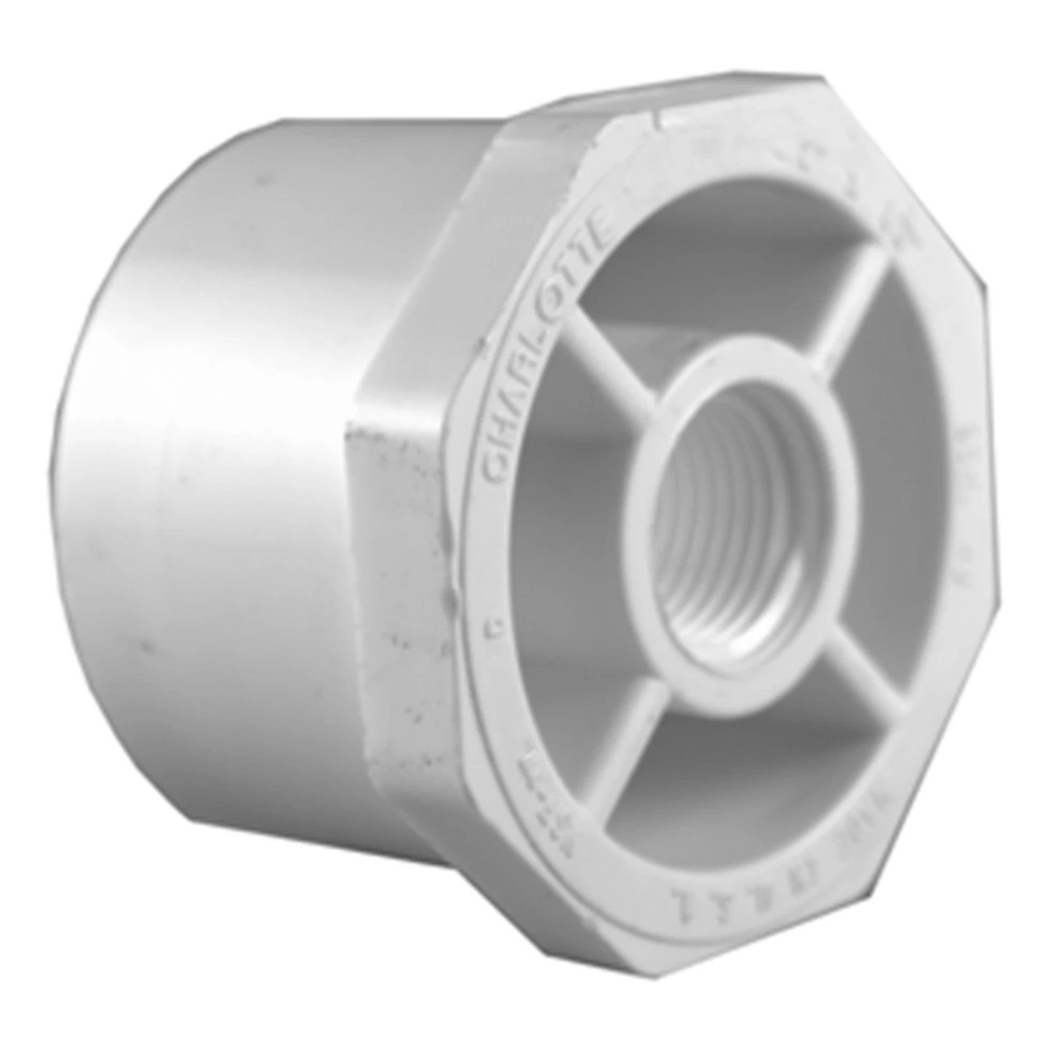Schedule 40 Pipe Reducer Bushing, Spigot x Thread, White, 1-1/2 x 1 In.