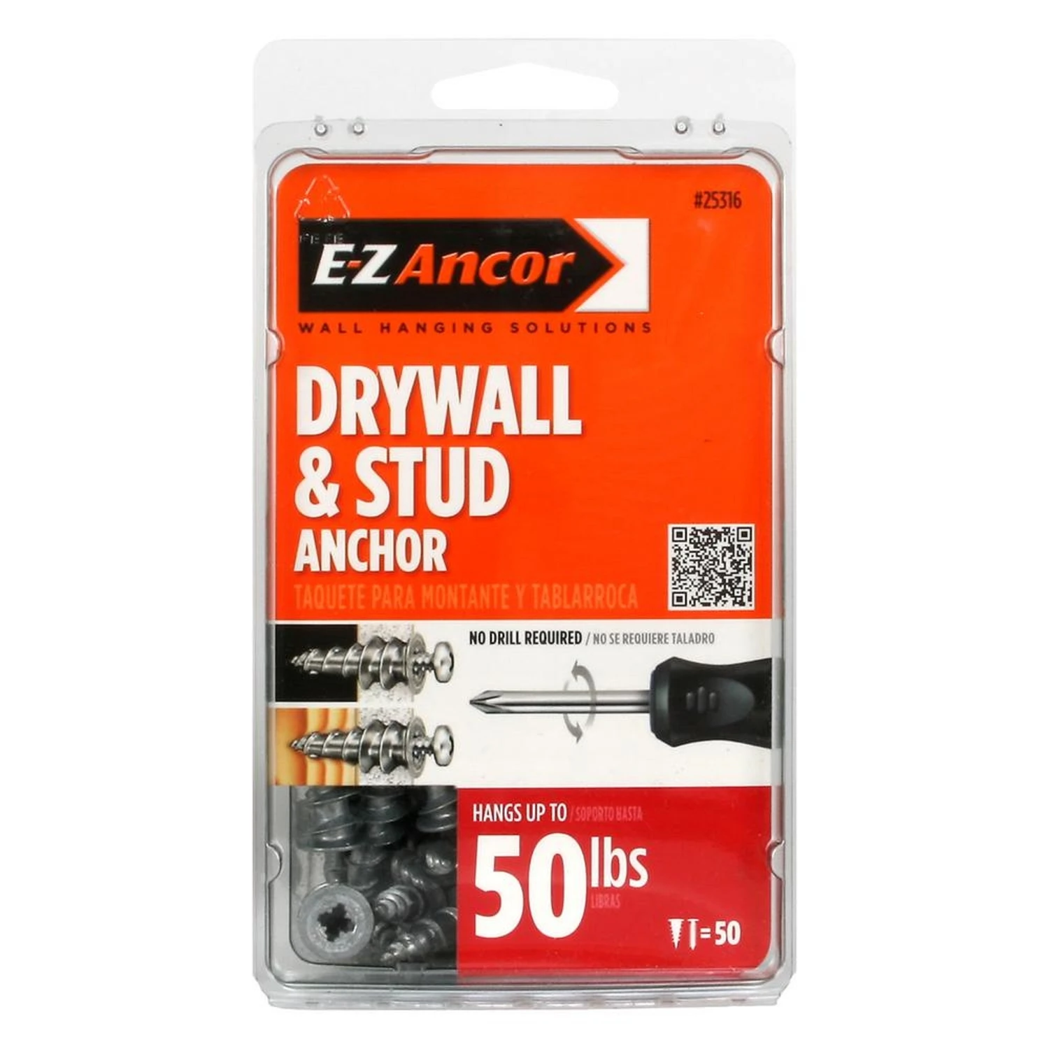 Stud Solvers Drywall Anchors, Self-Drilling, Plastic, #50, 50-Pk.