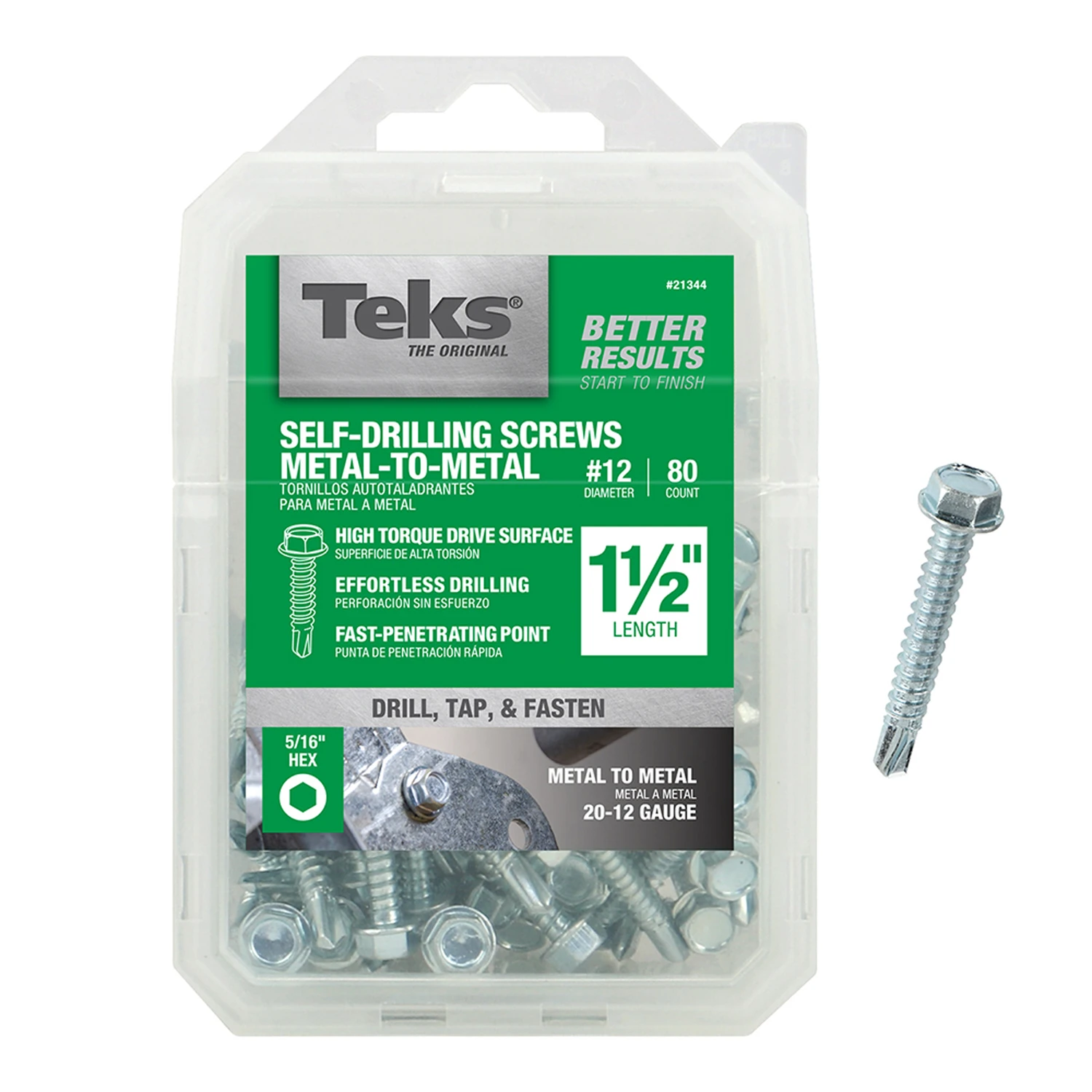 Drill Point Screws, Self-Tapping, Hex Washer Head, #12 x 1-1/2 In., 80-Pk.