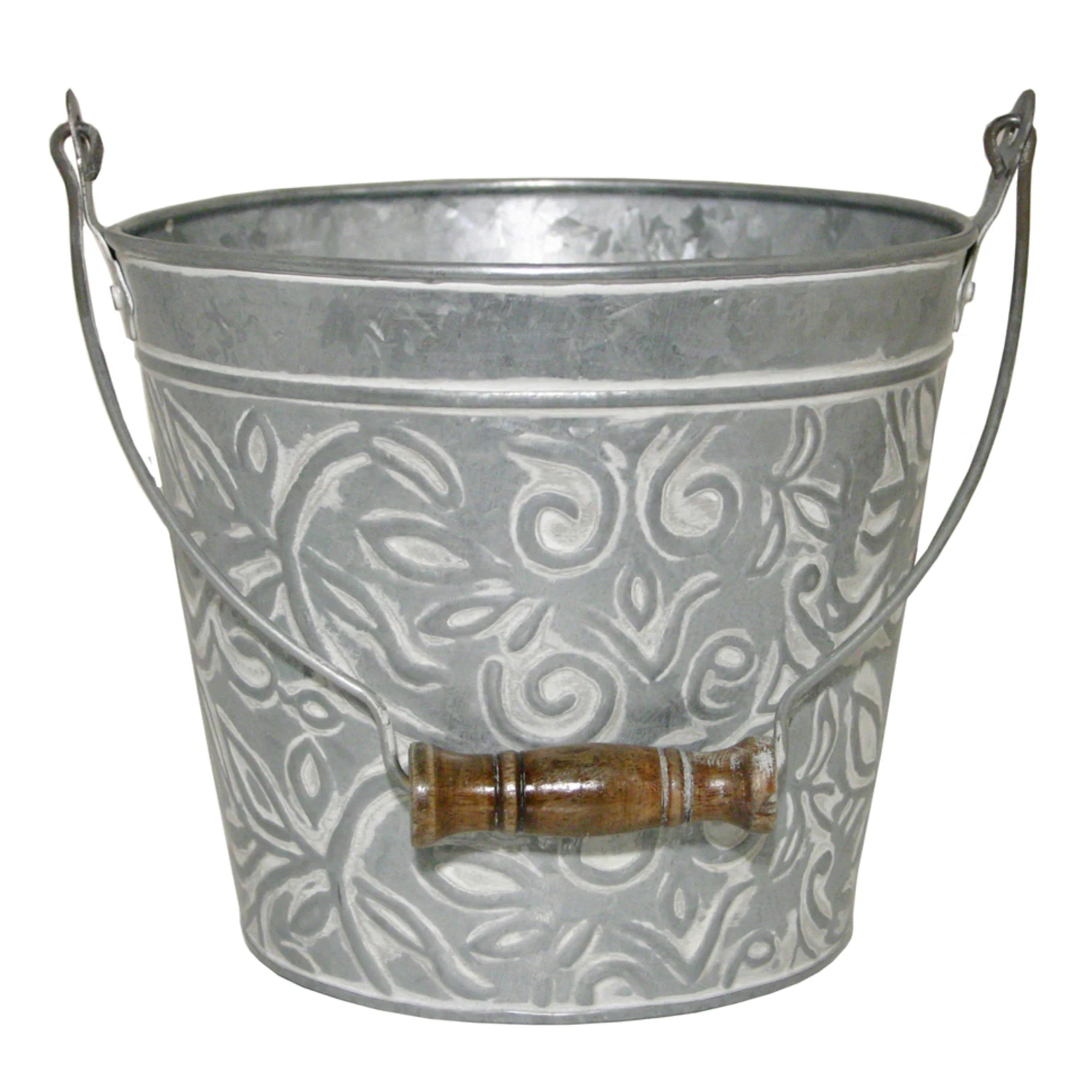 Planter With Handle, White Wash Floral Metal, 8 In.