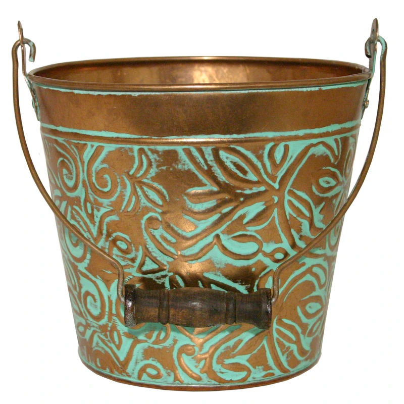 Planter With Handle, Vintage Copper Floral Metal, 8 In.