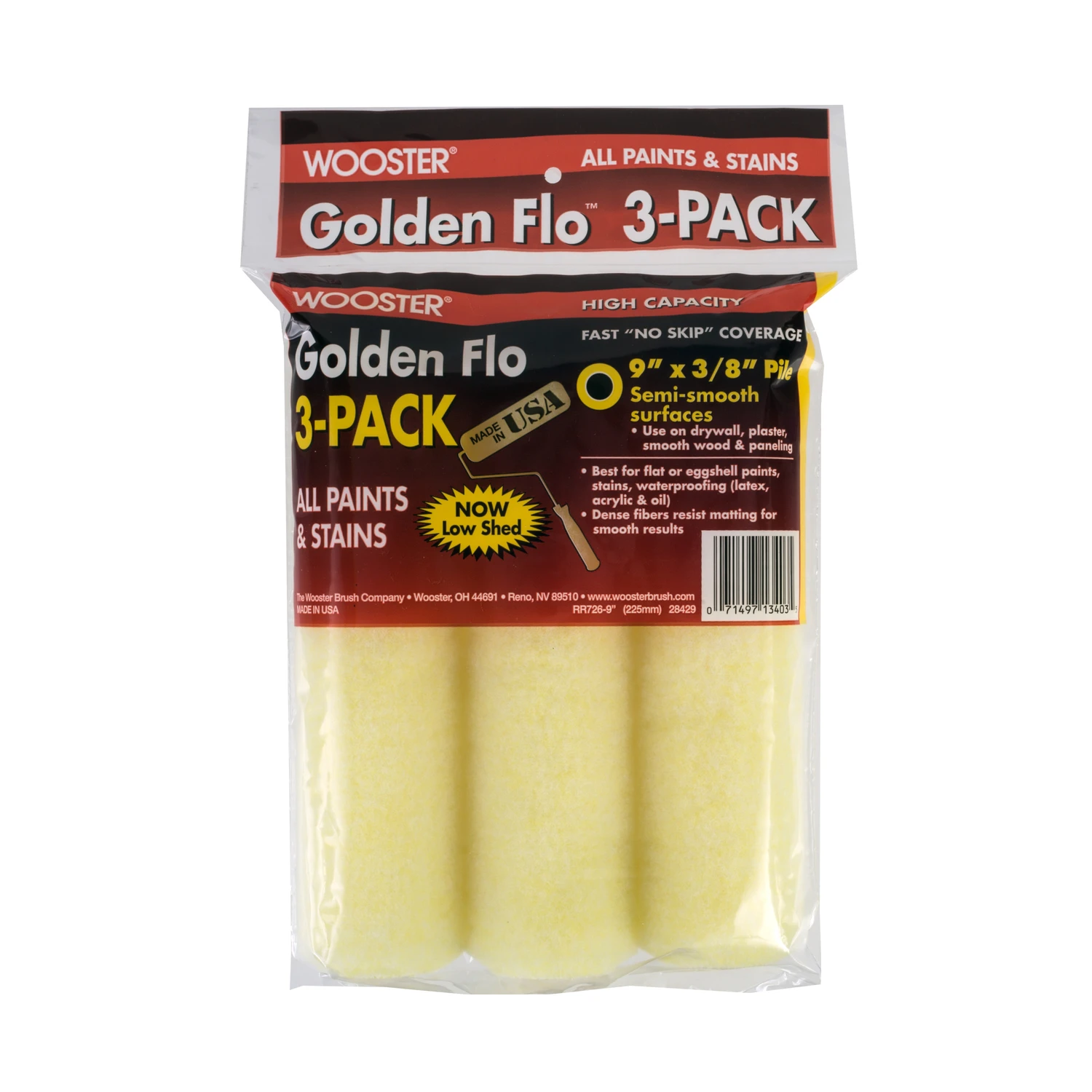 Golden Flo Paint Roller Cover, Yellow Knit, 3/8-In. Nap, 9-In., 3-Pk.