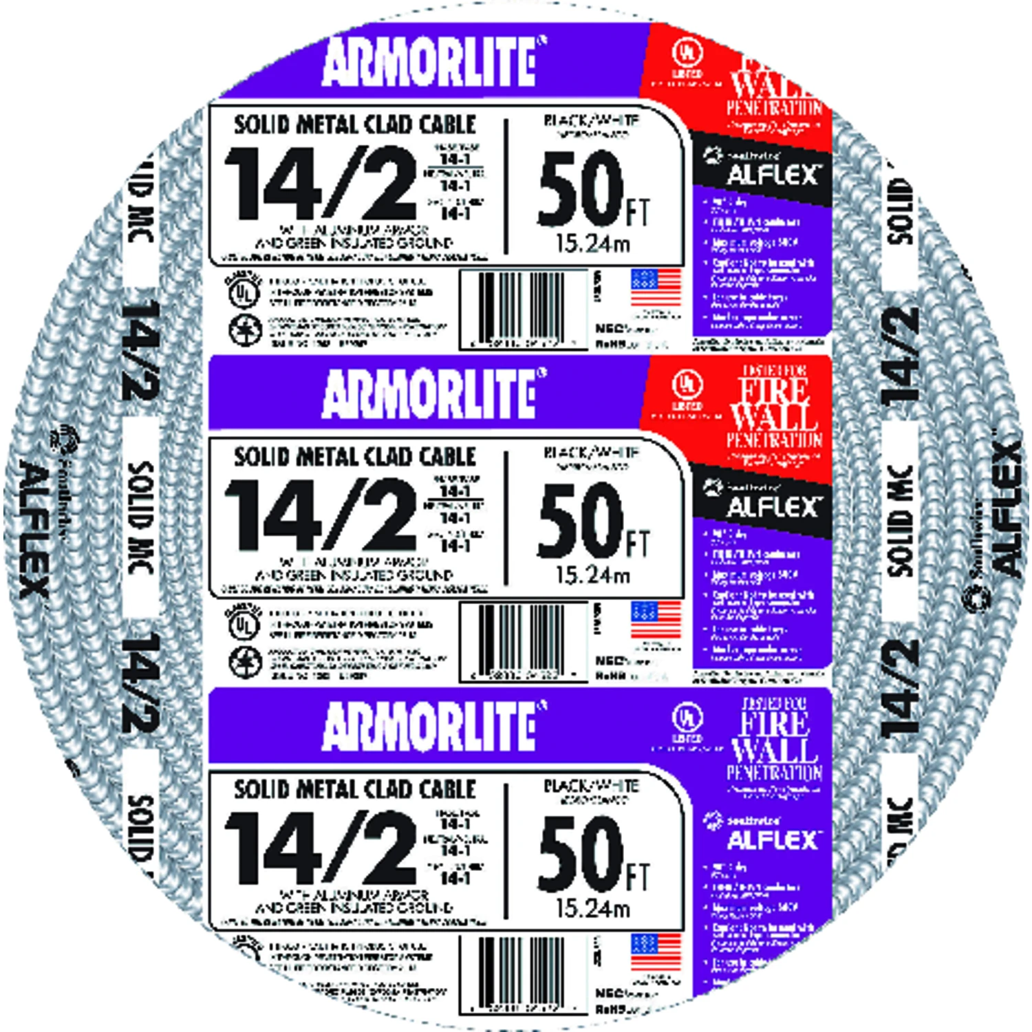 Flexible Conduit, Aluminum Metal Clad With Ground, 14/2, 50 Ft.