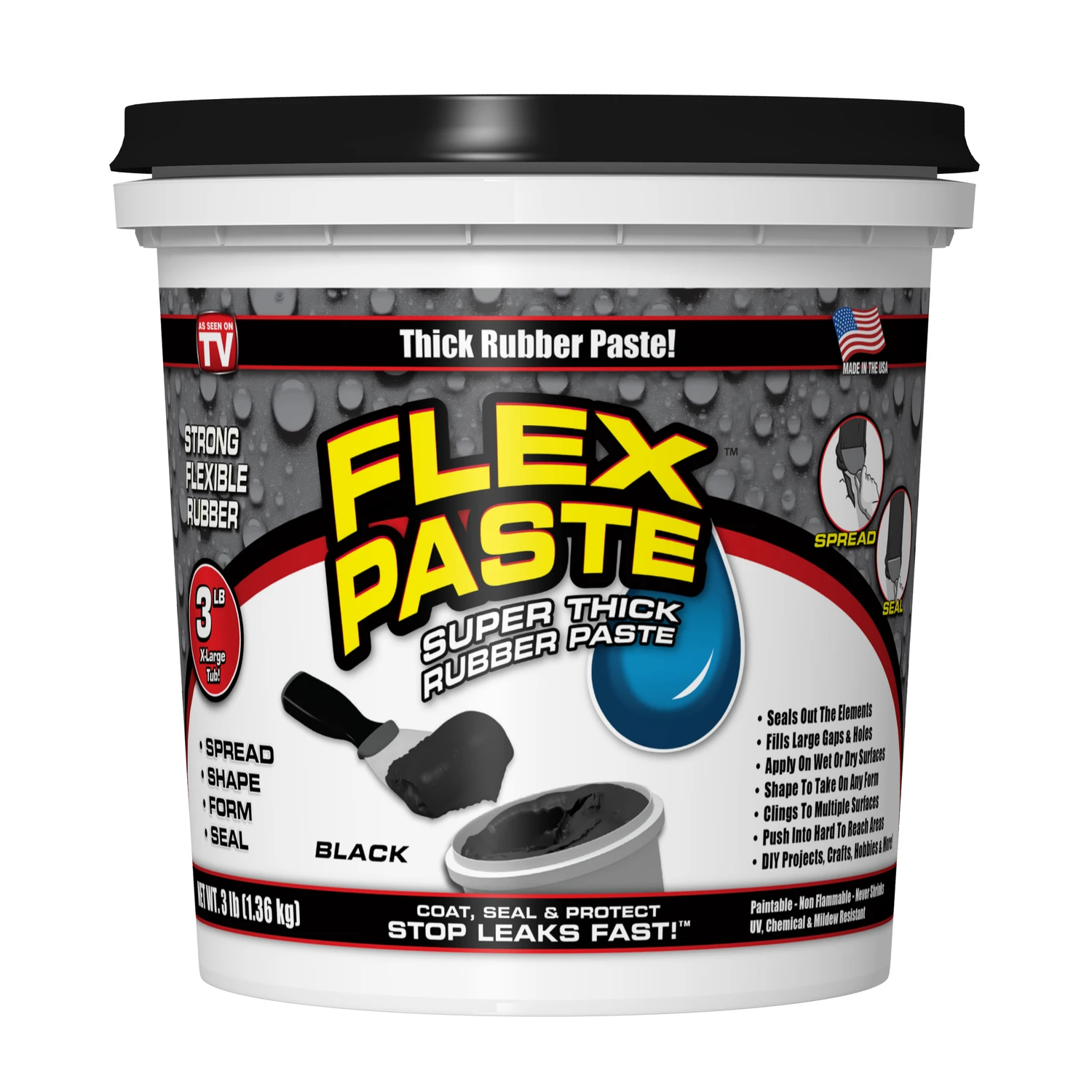 FLEX PASTE Super Thick Waterproof Rubberized Paste, Black, 3-Lb. Tub