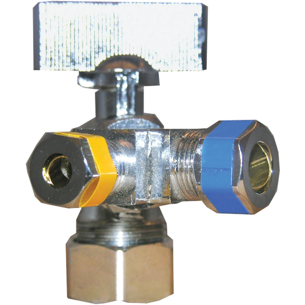 3-Way Valve, Chrome, 5/8-O.D. Compression Inlet x 3/8 Compression x 1/4 In. Compression Outlet