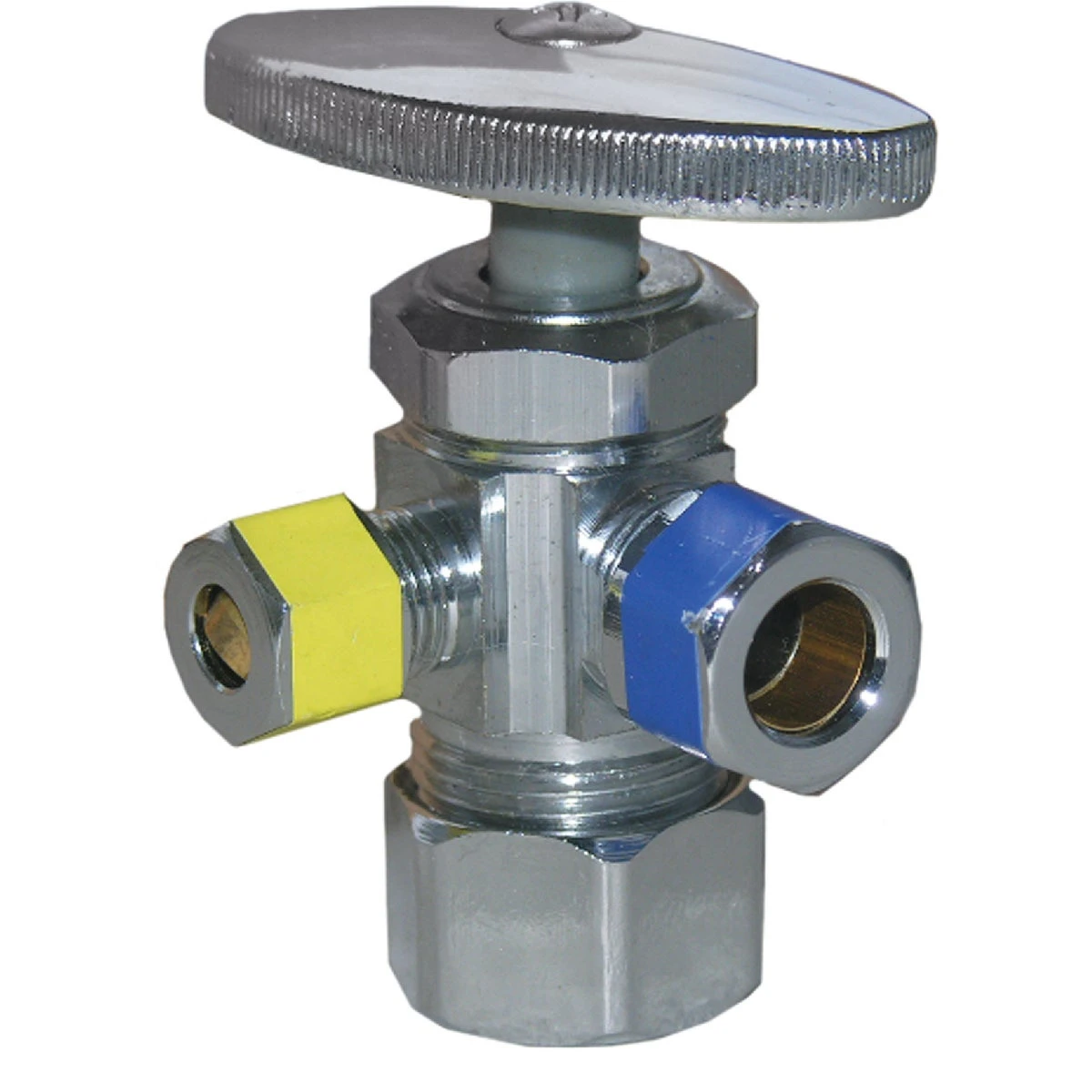 Pipe Fitting, 3-Way Angle Valve, Chrome, Lead-Free, 5/8 x 3/8 x 1/4 In. Compression
