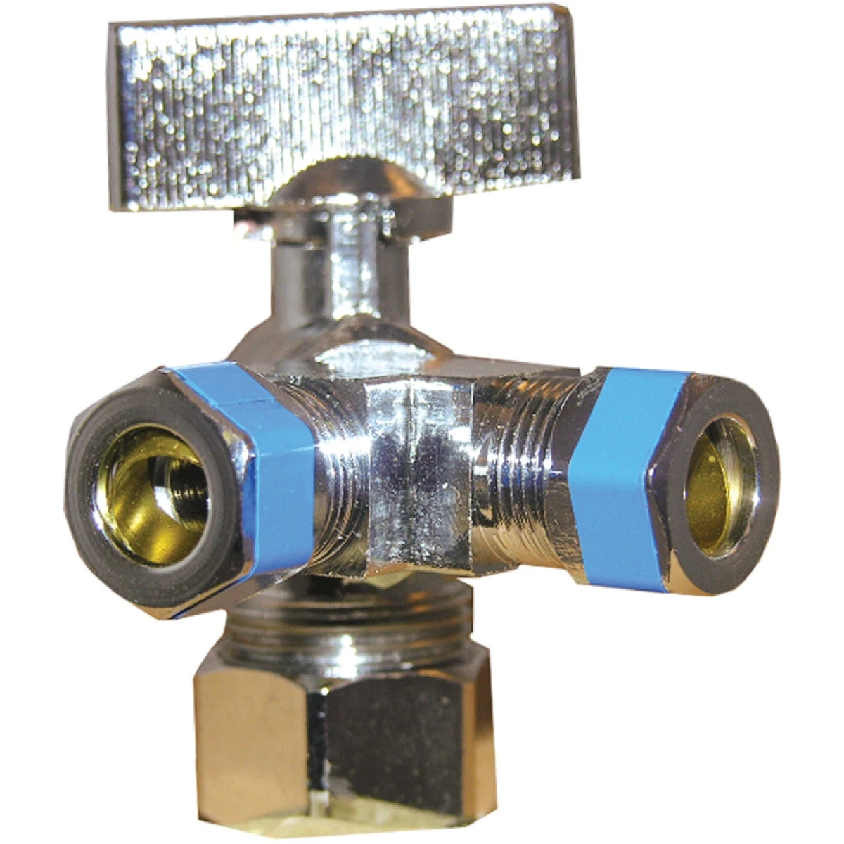 3 Way Valve, Quarter Turn, Chrome, 5/8 In. O.D. Compression Inlet x 3/8 In. Compression x 3/8 In. Compression Outlet