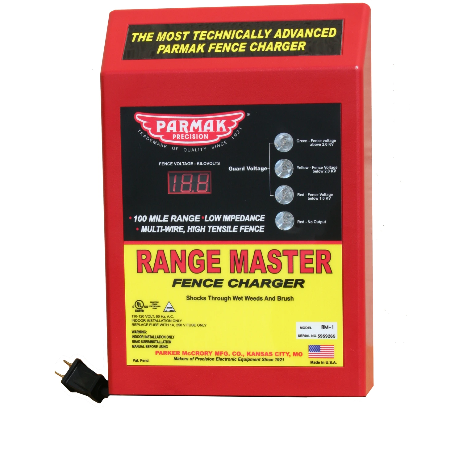 Range Master Advanced Electric Fence Charger, 100-Mile, Digital Meter with Alarms, Plug-In