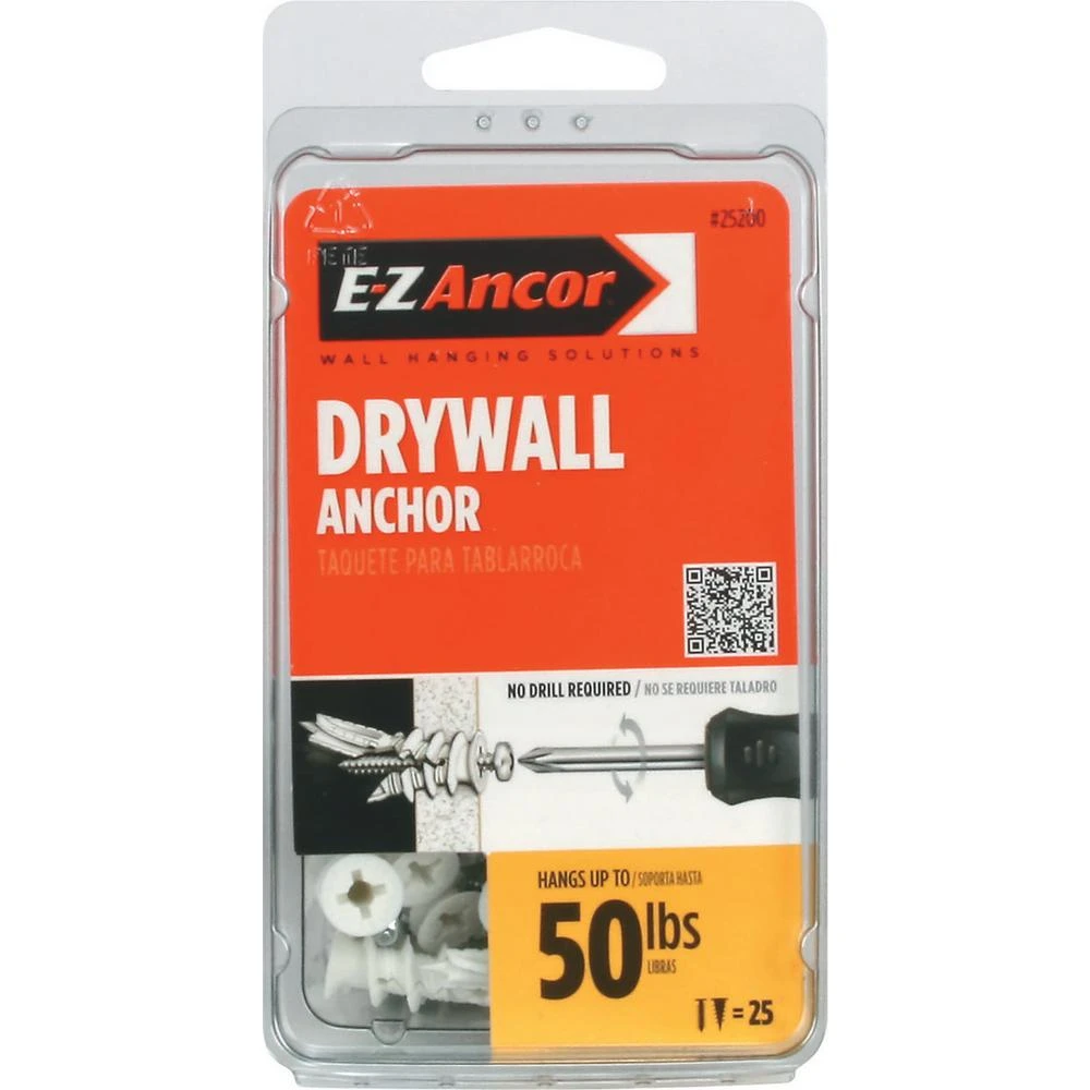 Drywall Anchors, Self-Drilling, Plastic, #50, 25-Pk.