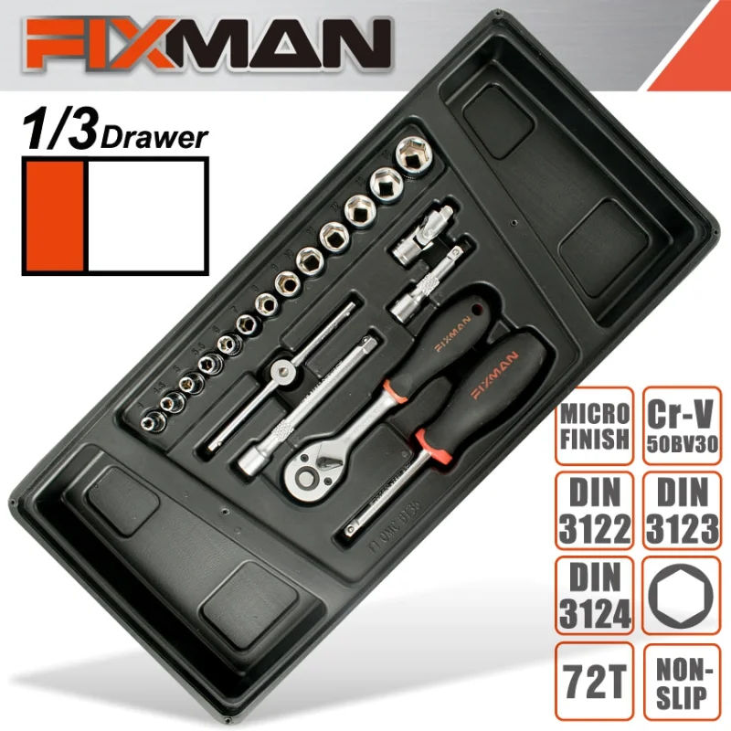 FIXMAN TRAY 19 PIECE 1/4′ DRIVE SOCKETS AND ACCESSORIES
