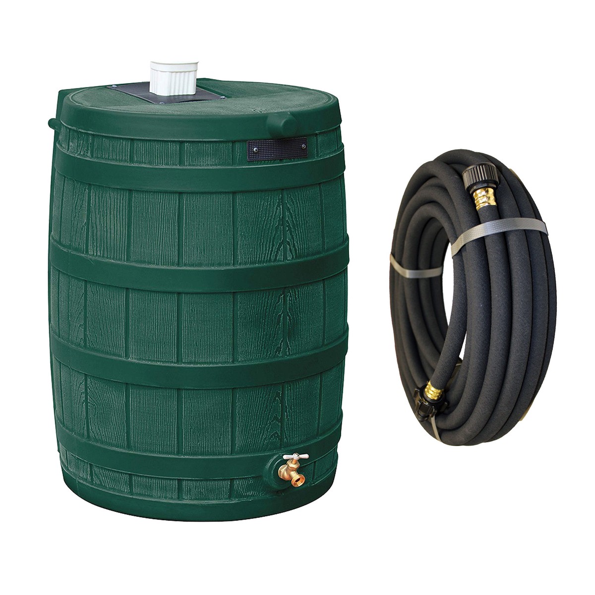 Good Ideas Rain Wizard 50 Gallon Plastic Rain Barrel, Green with 50' Soaker Hose