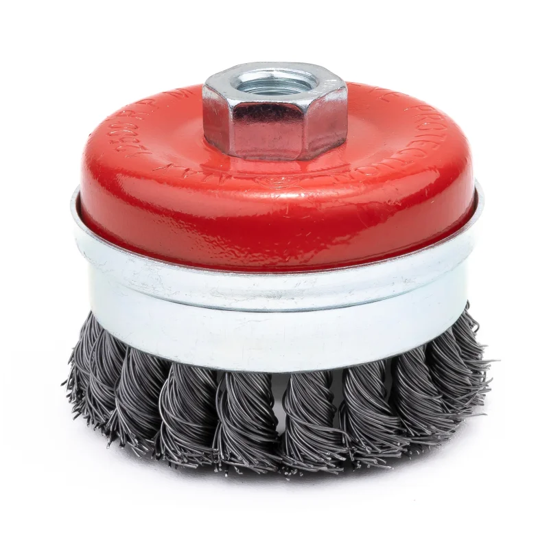 Harri Abrasives – Twist Knotted Wire Cup Brush – Carbon Steel – Wire Diam: 0.02″ – Nut Thread: 5/8-11 UNC