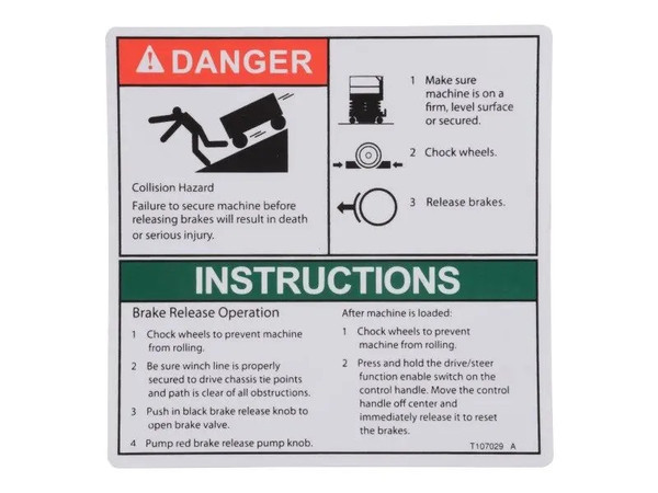 JLG Part # GNT107029 | GN-DECAL,DANGER,BRAKE REL SAFE, EA
