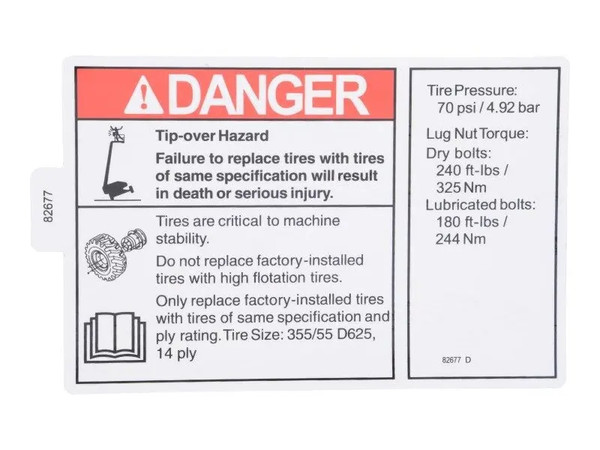 JLG Part # GN82677 | GN-DECAL,DANGER TIRE SPEC, EA