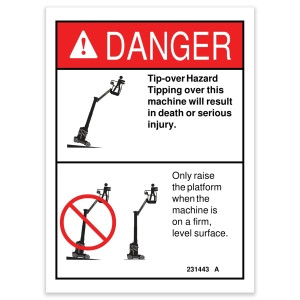 Genie Lift Part # 231443GT - DECAL,DANGER,TIPOVER HAZ LVL GRD, EA