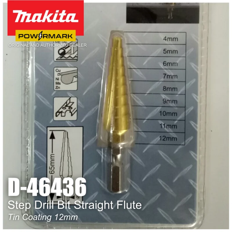 MAKITA D-46436 Step Drill Bit Straight Flute Tin Coating 12mm