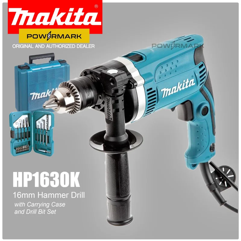 MAKITA HP1630K Hammer Drill 16mm(Variable Speed & Reversible) with Carrying Case and 17-pc. Drill Bit Set
