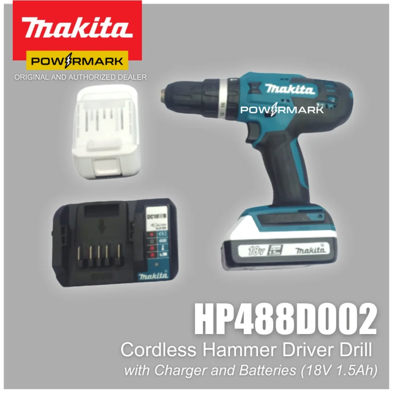MAKITA HP488D002 Cordless Hammer Driver Drill with Charger and Batteries (18V 1.5Ah)