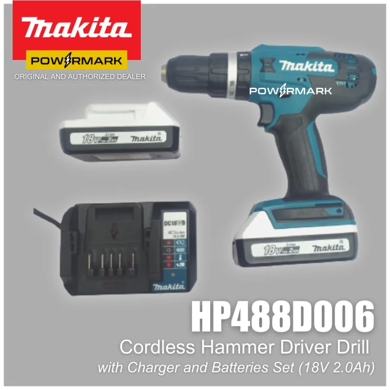 MAKITA HP488D006 Cordless Hammer Driver Drill with Charger and Batteries Set (18V 2.0Ah)