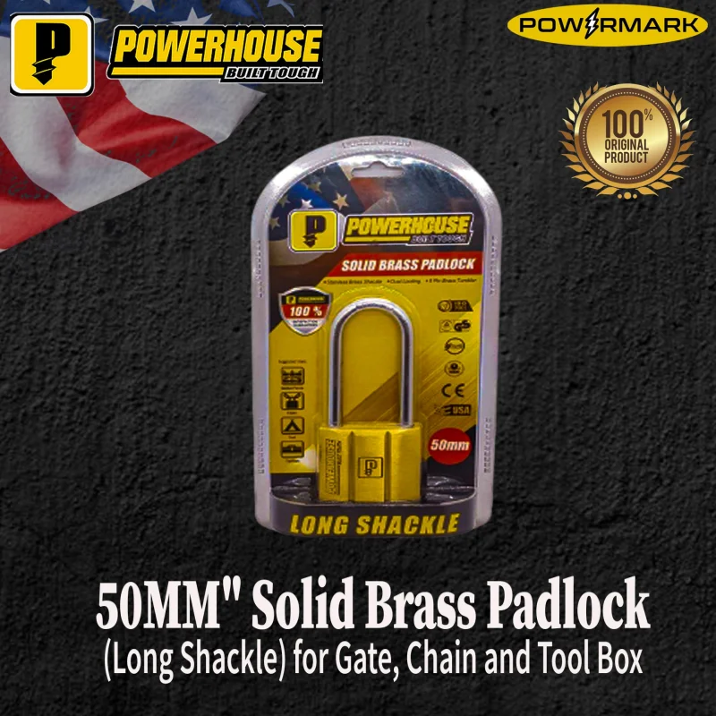 POWERHOUSE 50MM” Solid Brass Padlock (Long Shackle) for Gate, Chain and Tool Box
