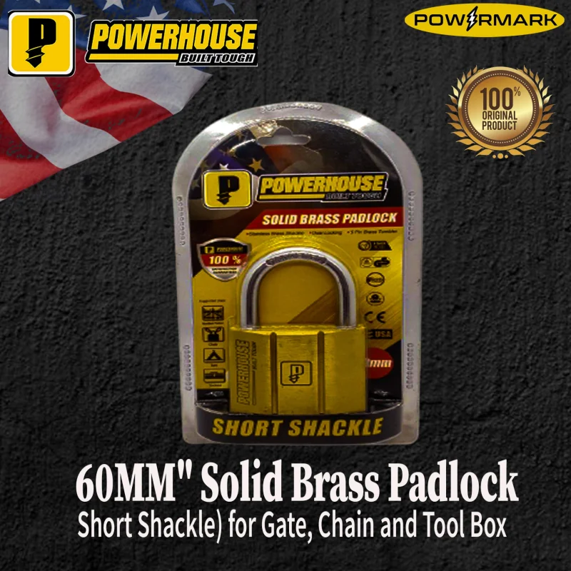 POWERHOUSE 60MM” Solid Brass Padlock (Short Shackle) for Gate, Chain and Tool Box