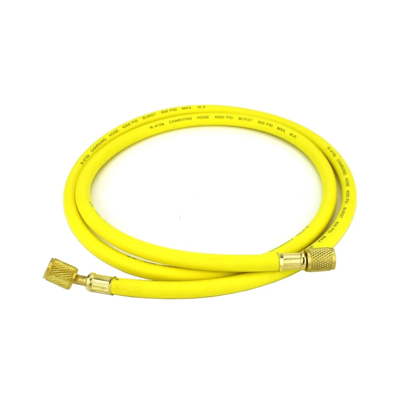 Refrigeration Hose – 60″ (150cm) – Working Pressure: 800 PSI -1/4″ Female Flare Brass KnurledFittings with PTFE Gasket Seats – 45 Angle Connector.