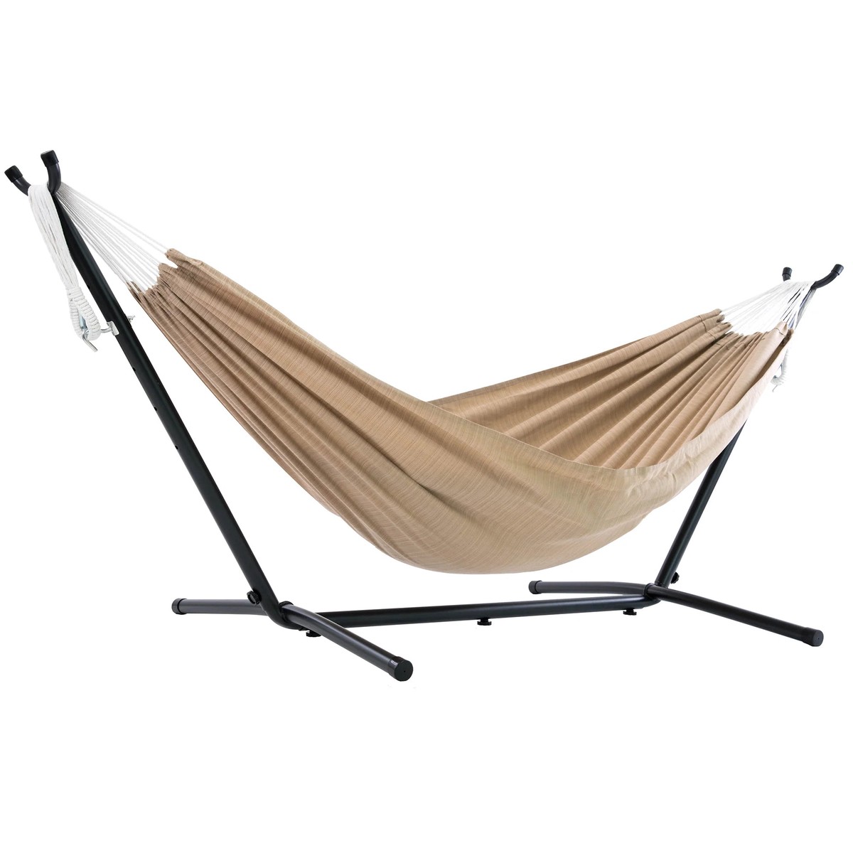 Vivere Double Sunbrella Hammock with Steel Stand, Portable Outdoor Lounge, Sand